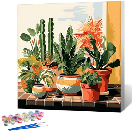 Framed Paint by Numbers Kit for Adults Beginner Plant, Adult Paint by Number Kits on Canvas Framed, DIY Acrylic Oil Painting by Numbers with Frame, Potted Plant for Home Decor Gift 10 X 10 Inch Okarina