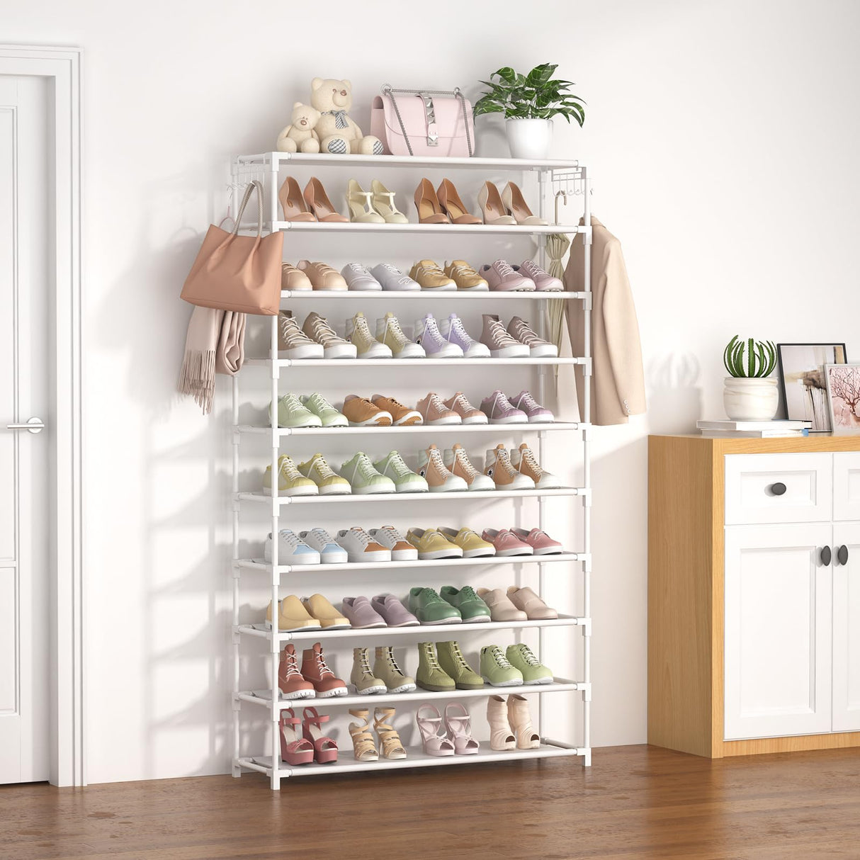 LANTEFUL 10 Tiers Shoe Rack 50 Pairs Large Capacity Tall Shoe Organizer Sturdy Shoe Storage with Two Hooks Space Saving Metal Wide Shoe Rack for Closet, Entryway, Bedroom, White LANTEFUL