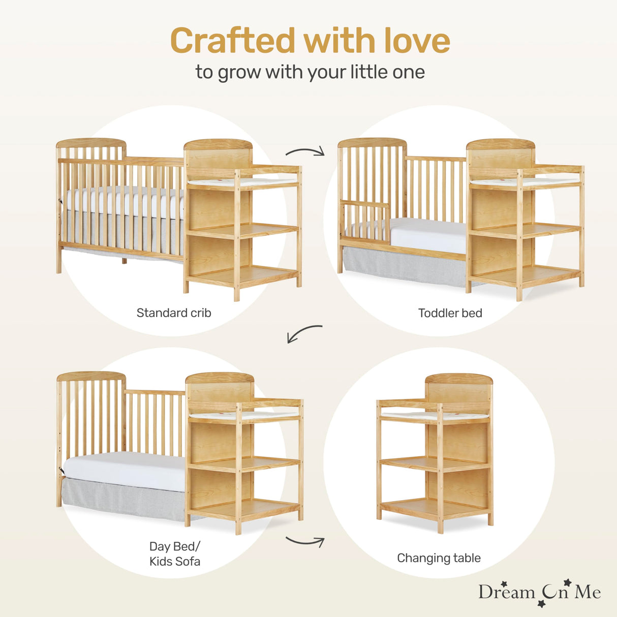 Dream On Me Anna 4-in-1 Full Size Crib and Changing Table Combo, Natural Dream On Me