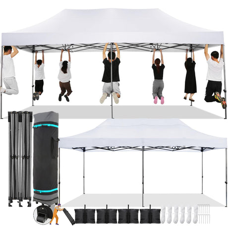COBIZI 10x20 Pop Up Canopy without Sidewall,Heavy Duty Canopy UPF 50+ All Season Wind Waterproof Commercial Outdoor Wedding Party Tents for Parties Canopy Gazebo with Roller Bag(10 x 20 ft White) COBIZI