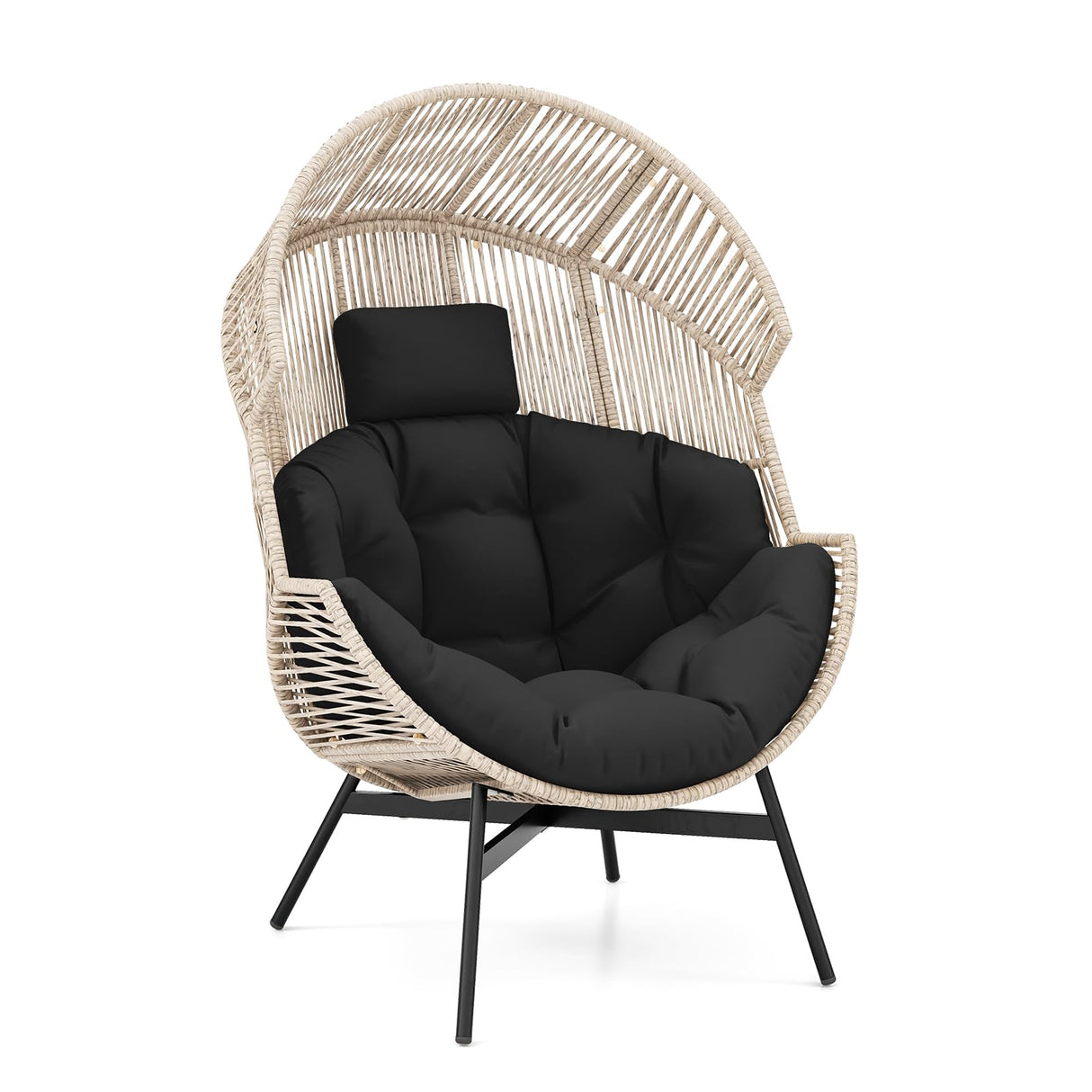 Tangkula Oversized Egg Style Chair, Wicker Stationary Patio Egg Chair w/Cushions & Headrest, Heavy-Duty Metal Frame, Patio Lounge Basket Sofa Chair for Yard, Porch, Living Room Tangkula