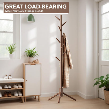 Hupmad Wooden Tree Coat Rack Stand,Sturdy Freestanding Coat Rack with 8 Hooks,3 Adjustable Height for Child Adult,Wood Coat Stand Tree Fits Entryway Bedroom Office for Bags,Hats Hupmad