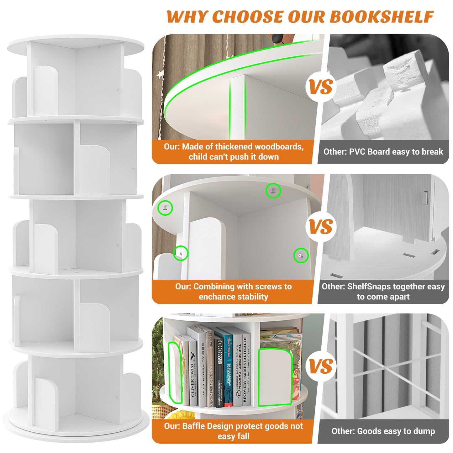 Aheaplus 360° Rotating 5-Tier White Bookshelf Tower - WoodArtSupply