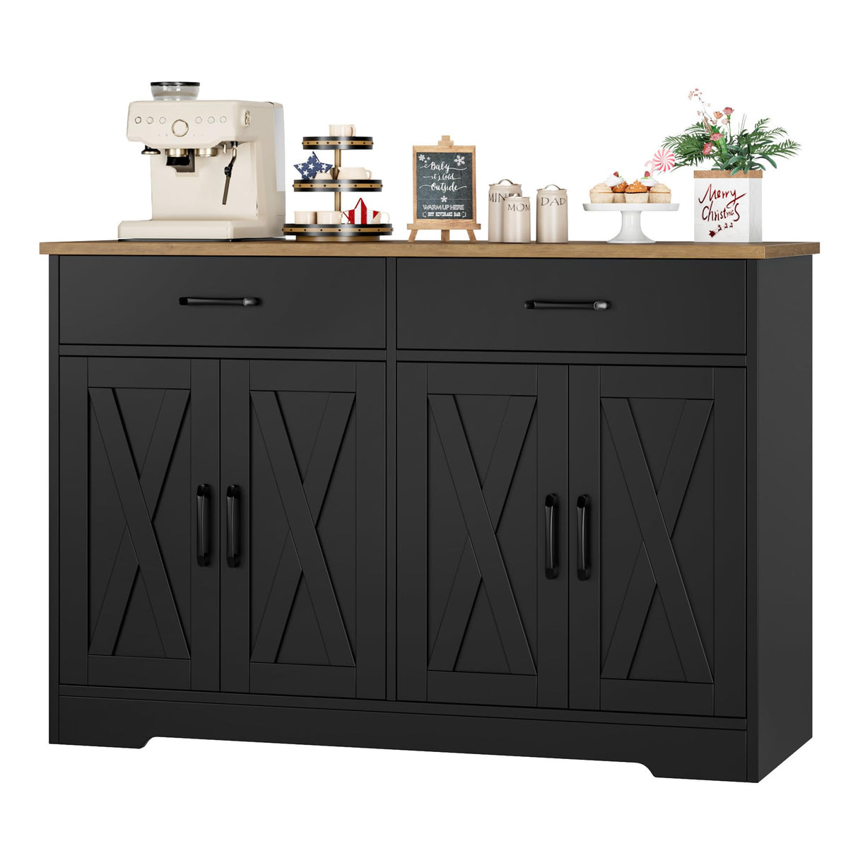 HOSTACK Coffee Bar Cabinet, 47.2" Buffet Cabinet with Storage, Modern Farmhouse Kitchen Buffet Sideboard with Drawers and Shelves, Barn Doors Storage Cabinet for Living Room, Black/Rustic Brown HOSTACK