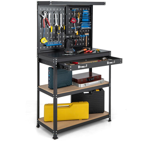 IRONMAX Workbench with Drawers, 32’’ Heavy Duty Workstation Organizer with 14 PCS Hanging Kits, 2 Storage Shelves & Long Drawer, Work Bench Table for Garage, Home, Workshop, Auto Shop, Basement IRONMAX