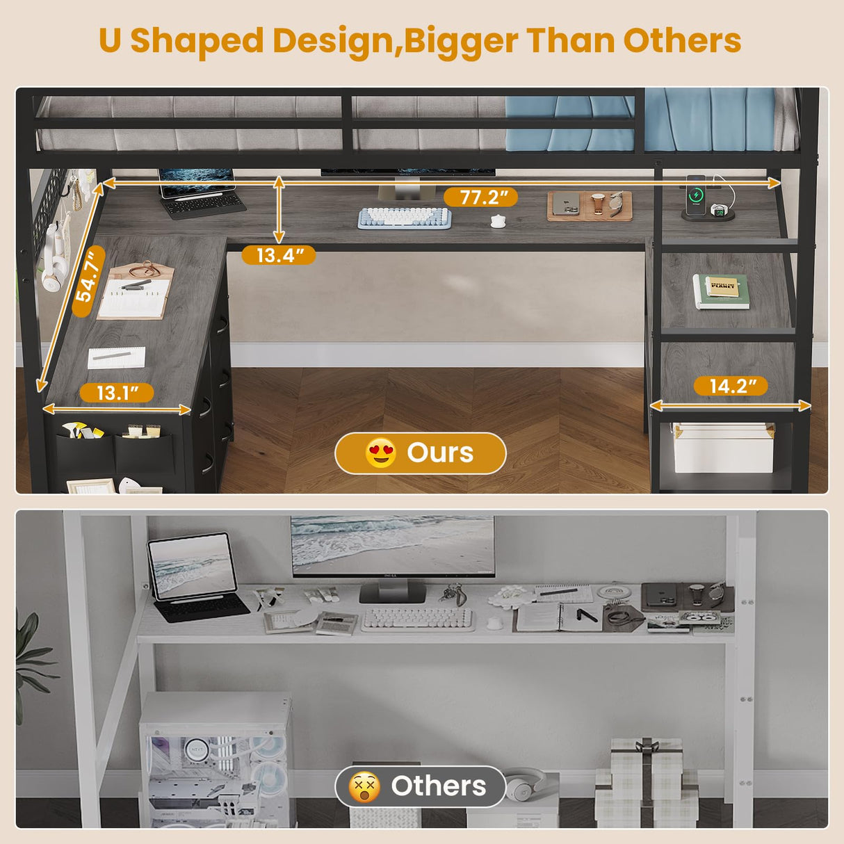 ADORNEVE Loft Bed Full Size with U-Shaped Desk, 6 Storage Drawers, Power Outlet, LED Metal Loft Bed with 2 Storage Shelves, Bed with Safety Guardrail & Ladders, No Box Spring Needed, Grey ADORNEVE