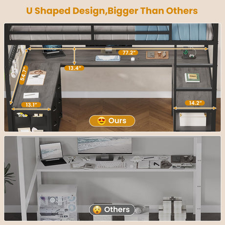 ADORNEVE Loft Bed Full Size with U-Shaped Desk, 6 Storage Drawers, Power Outlet, LED Metal Loft Bed with 2 Storage Shelves, Bed with Safety Guardrail & Ladders, No Box Spring Needed, Grey ADORNEVE