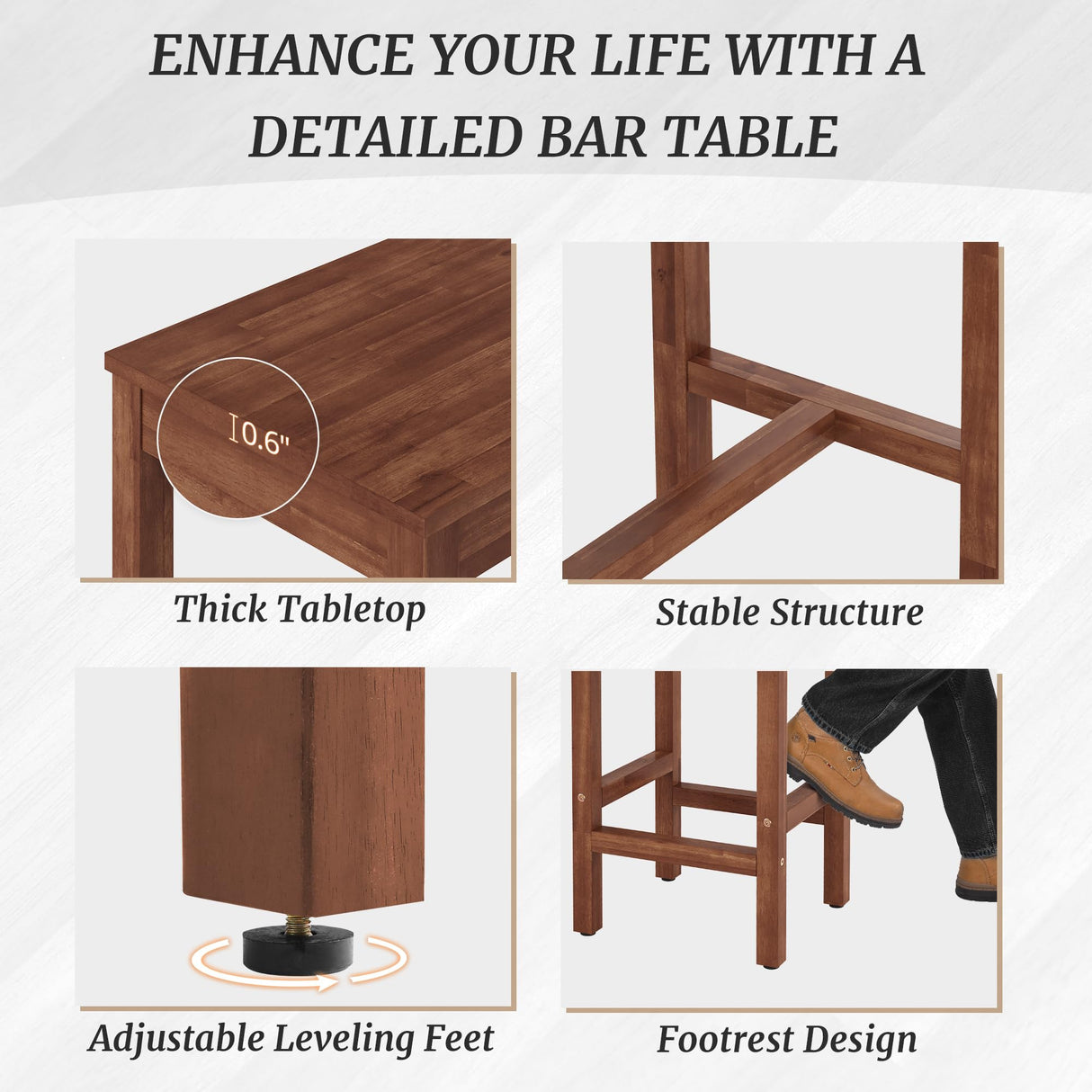 Cozyman 53 inch Bar Table and Chairs Set, Acacia Wood Pub Table with 2 Stools, Rectangular Counter Height Table Set for Dining Room, Kitchen, Living Room, Teak Brown Cozyman