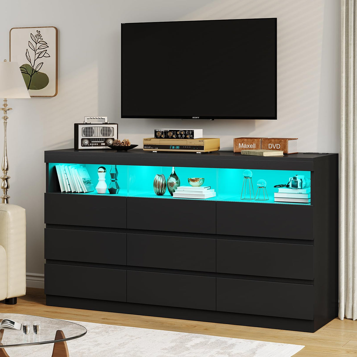 HAUOMS Black Dresser for Bedroom with LED Lights, Large Chest of Drawers Handle Free, Modern Long Dresser with 9 Drawers & Charging Station,for Living Room,Cloakroom,Entryway HAUOMS