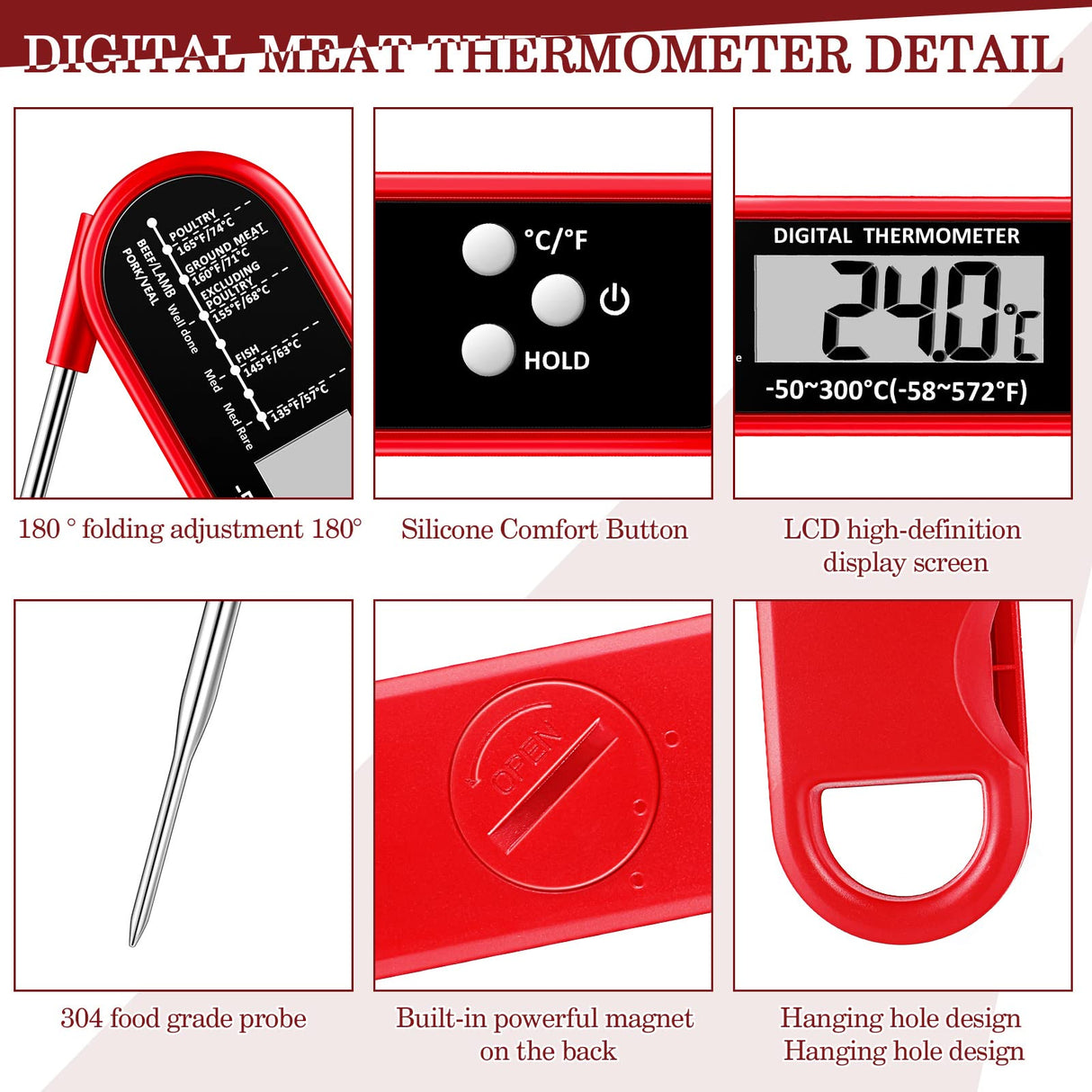 Xuhal 6 Pieces Digital Food Thermometer for Grill Cooking Instant Read Meat Thanksgiving Day Kitchen BBQ Waterproof Thermometer with Foldable Probe Magnet Calibration Turkey Outdoor Fry Xuhal