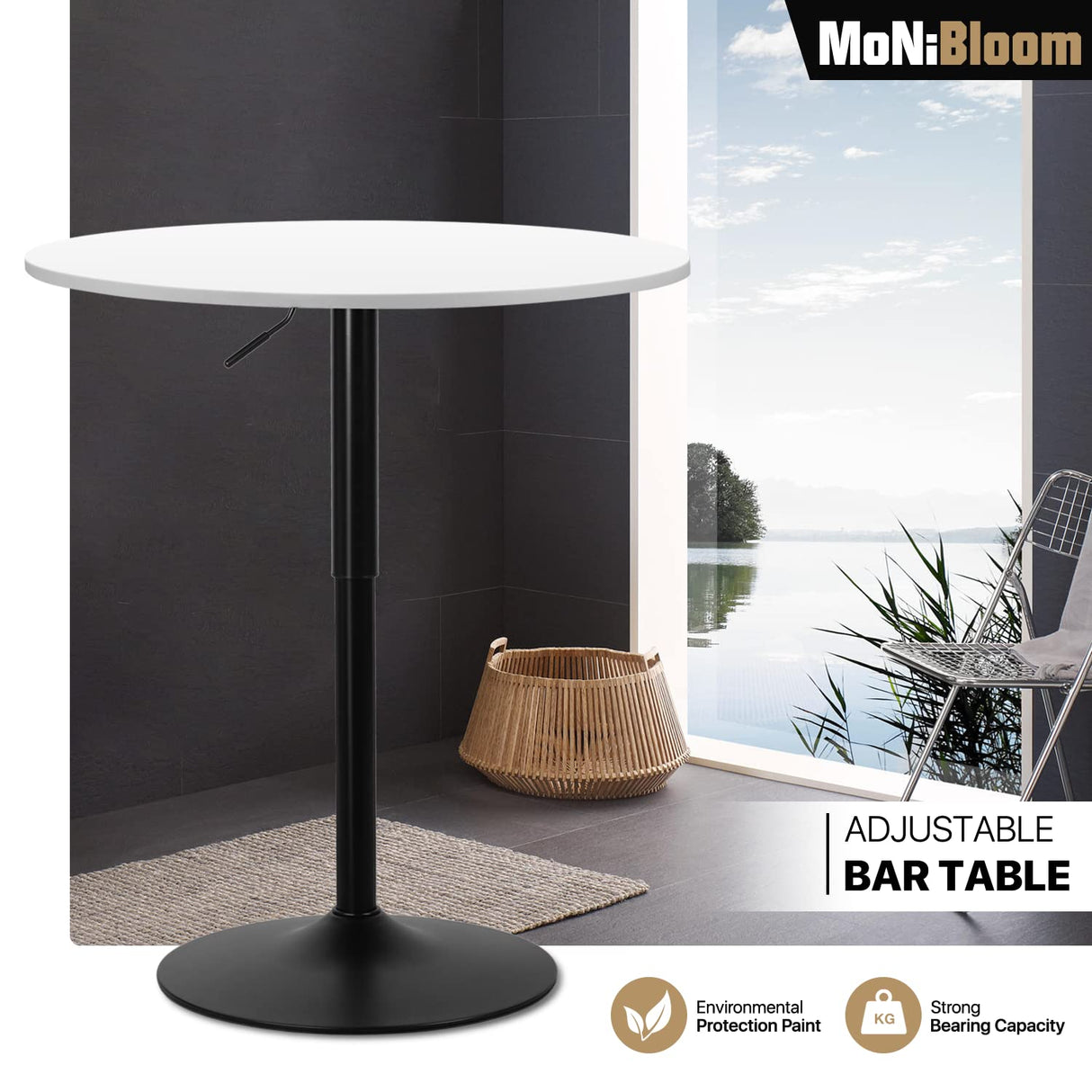 MoNiBloom Bar Table Kitchen Dining Table High Top Table for Home Balcony Indoor Outdoor Bistro Table 27.5''- 36" Height-Adjustable Round Cocktail Table, White,Silver MoNiBloom