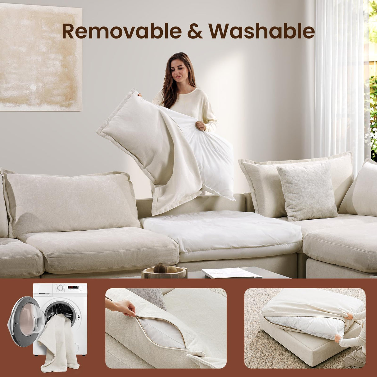 ModernMate 158" Modular Sectional Sofa, Down Filled Sectional Couches for Living Room, Oversized U Shape Couch with Deep Seat, Modular Couch 4 Seater with 2 Storage Ottoman,Cover Removable, Beige ModernMate