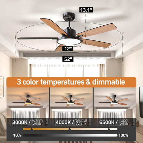 TALOYA 52 Inch Black Ceiling Fans with Lights Led Remote Control Flush Mount Low Profile for Bedroom Living Dining Room Outdoor Farmhouse Patio,Reversible,DC Motor,Diammable,Buzzer ON/Off,5 Blades TALOYA