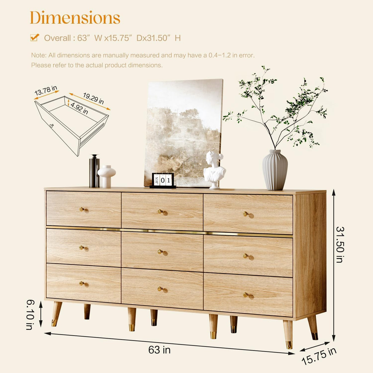 Chrangmay 9 Drawer Dresser,63" Wide Mid Century Modern Chest of Drawers,Wooden Bedroom Drawer Dresser with 9 Storage Drawers for Bedroom, Living Room,with Anti-Tipping Device,Natural Chrangmay