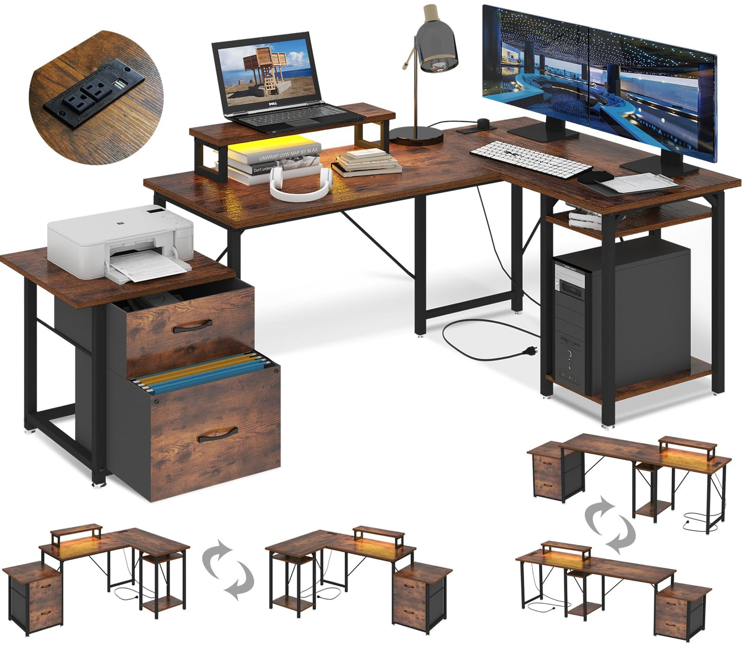 SZXKT L Shaped Desk with Drawers, Gaming Desk, Corner Computer Desk with Storage and Power Outlet,Reversible U Shaped Work Pc Desk for Home Office with Monitor Stand 2 Person Long Desk 67 Inc - WoodArtSupply