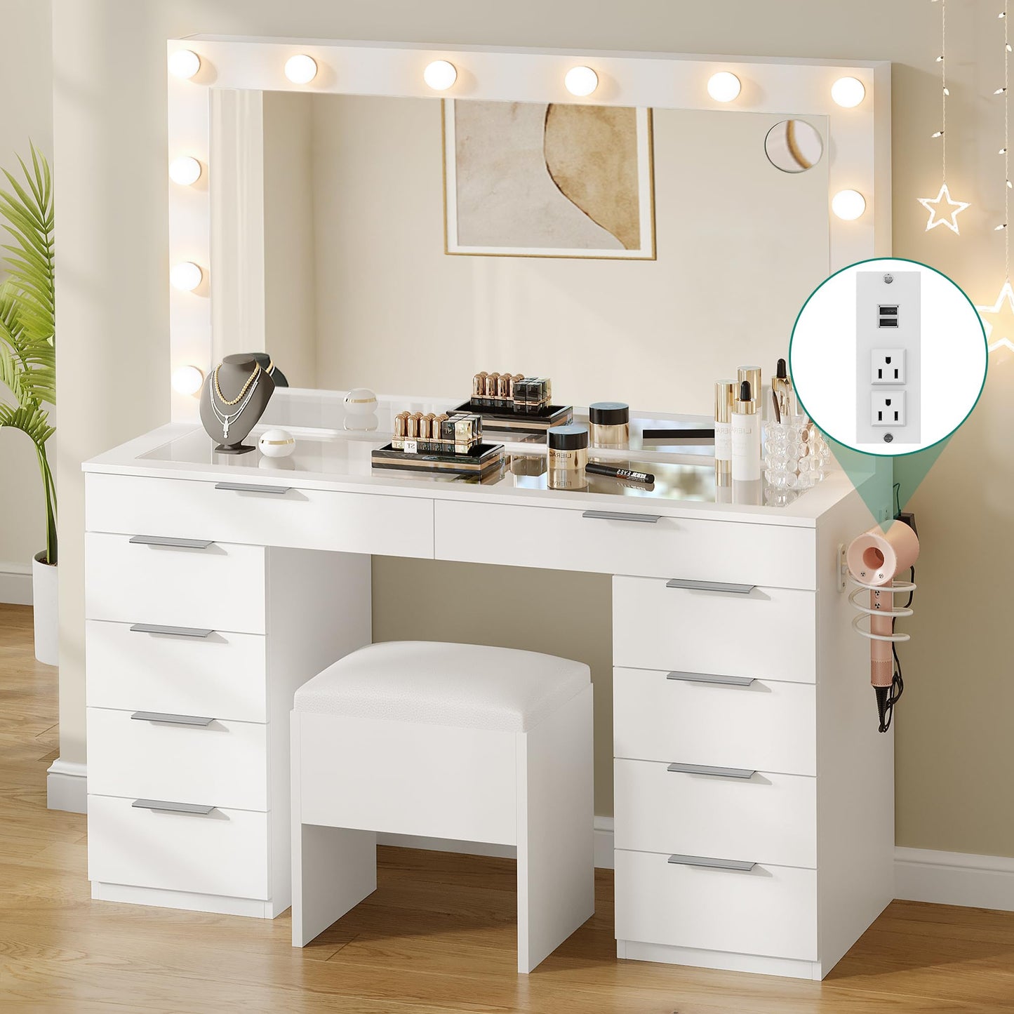 YITAHOME Makeup Vanity Desk with Large Mirror, 10-Drawer Vanity Set with Glass Tabletop & Charging Station, Dressing Table with Storage Chair & 3-Color Brightness Adjustable Lighting, Snow White