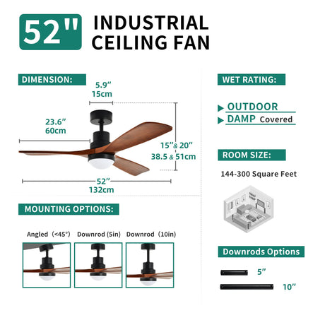 YITAHOME 52" Ceiling Fan with Lights and Wall Switch Remote, Industrial Wood Fan with Quiet Reversible 6 Speeds Motor, Dimmable LED 3 Color, Memory Function for Outdoor Indoor, Black & Walnut YITAHOME