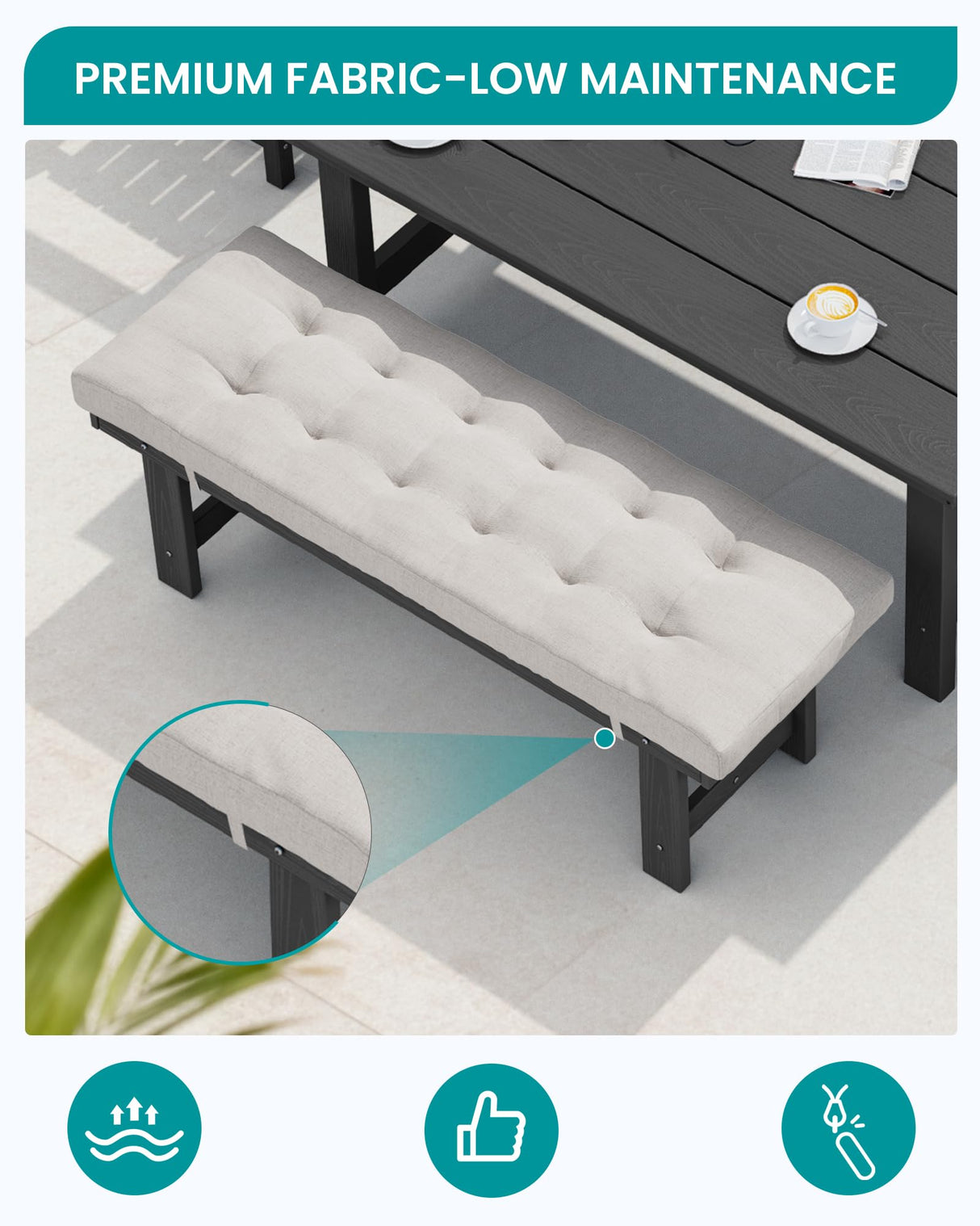 SERWALL Outdoor Dining Set for 6, HDPE Outdoor Furniture with Umbrella Hole & 1 Cushioned Bench & 4 Outdoor Dining Chairs, Black SERWALL