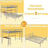 Metal Twin Over Full Bunk Bed Frame with Desk, Loft Platform Mattress Foundation with Steel Slat Support Storage Space Merax