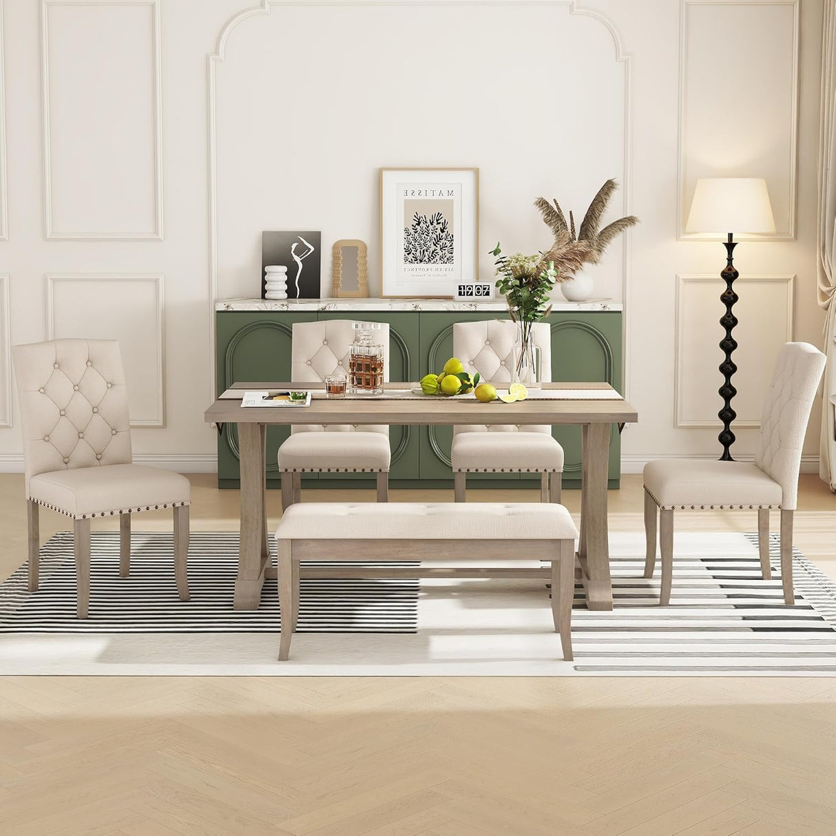 Farmhouse Dining Table Set for 6, Kitchen Table Set with Chairs and Bench, 6 Piece Solid Wood Dining Room Set with Trestle Table Legs for Kitchen, Dining Room (Natural Wood Wash) Mirightone