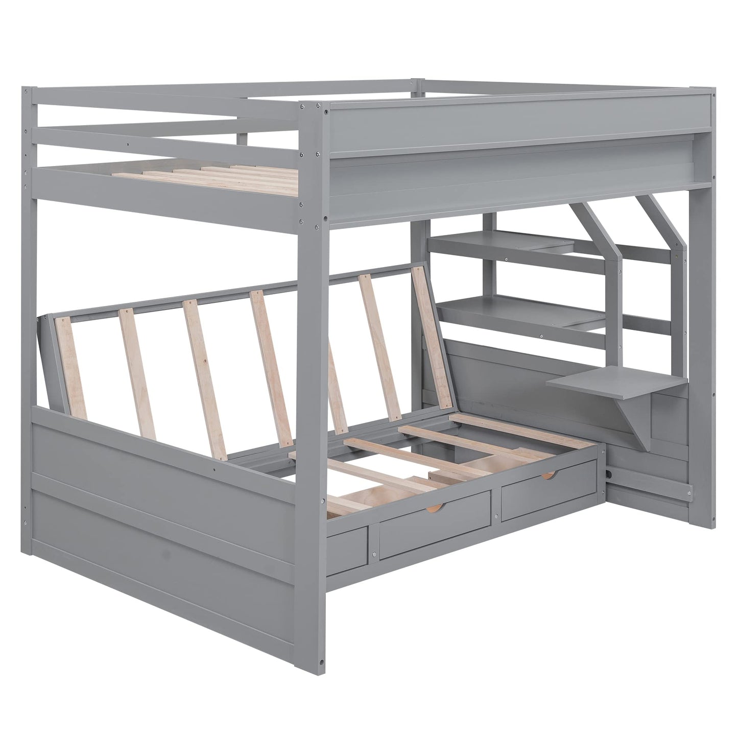 Convertible Full over Full Futon Bunk Bed with Stairs, Built-in Shelf, and Drawers in Grey - Harper & Bright Designs - WoodArtSupply