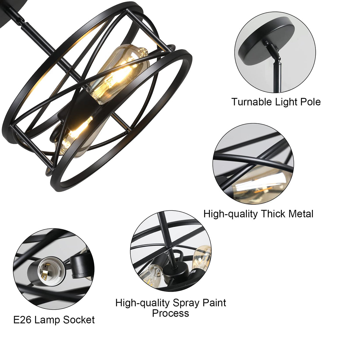 Karjearl Farmhouse Semi Flush Mount Ceiling Light, D11.8 Inches Black Industrial Sloped Ceiling Light Fixtures Vintage Metal Cage Ceiling Lamp for Kitchen Hallway Entryway Laundry Room Bedroom Karjearl