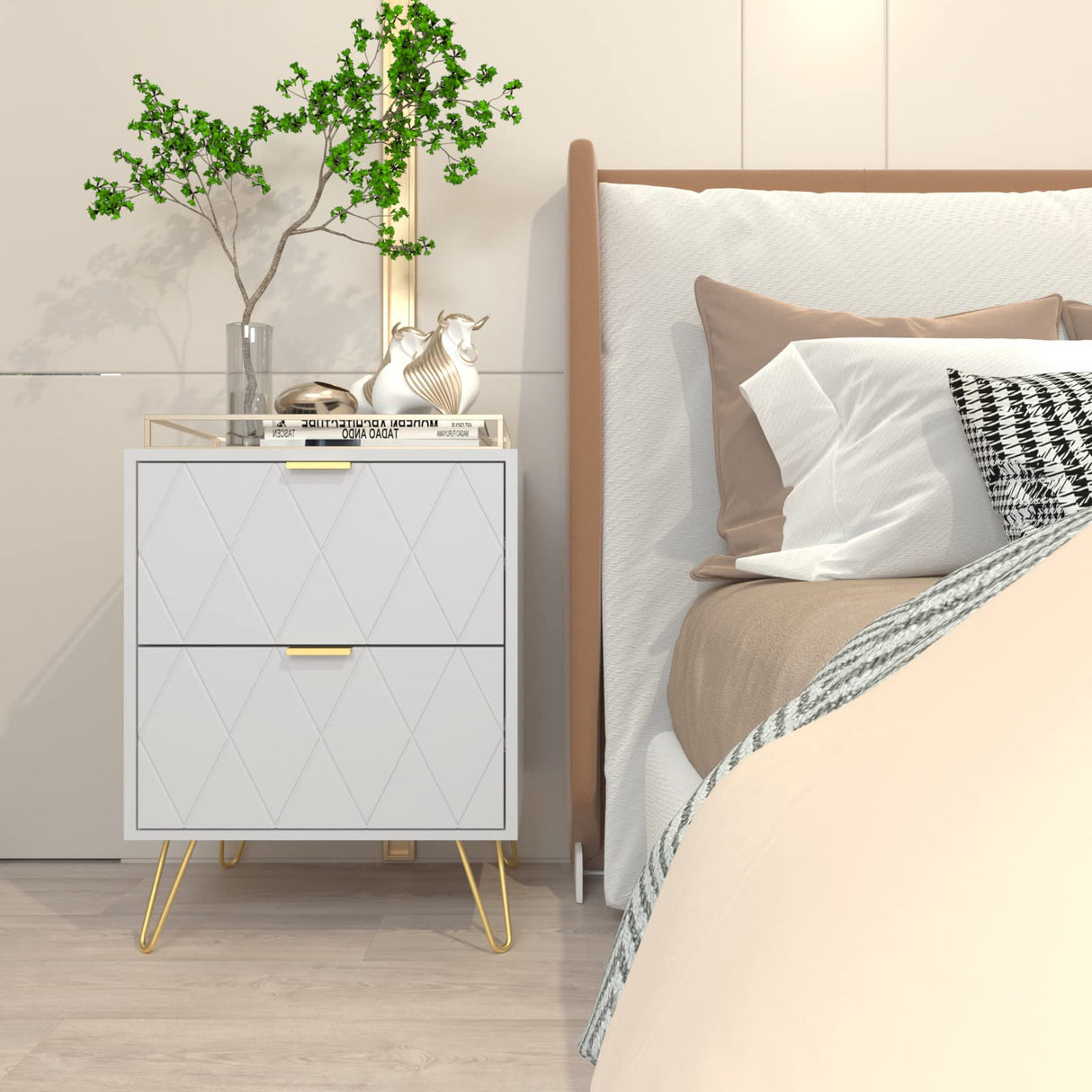 Anbuy White Nightstand Set of 2, End Side Table Double, Bedside Table with 2 Drawers, Dual Night Stand Metal Gold Legs for Bedroom Living Room Anbuy