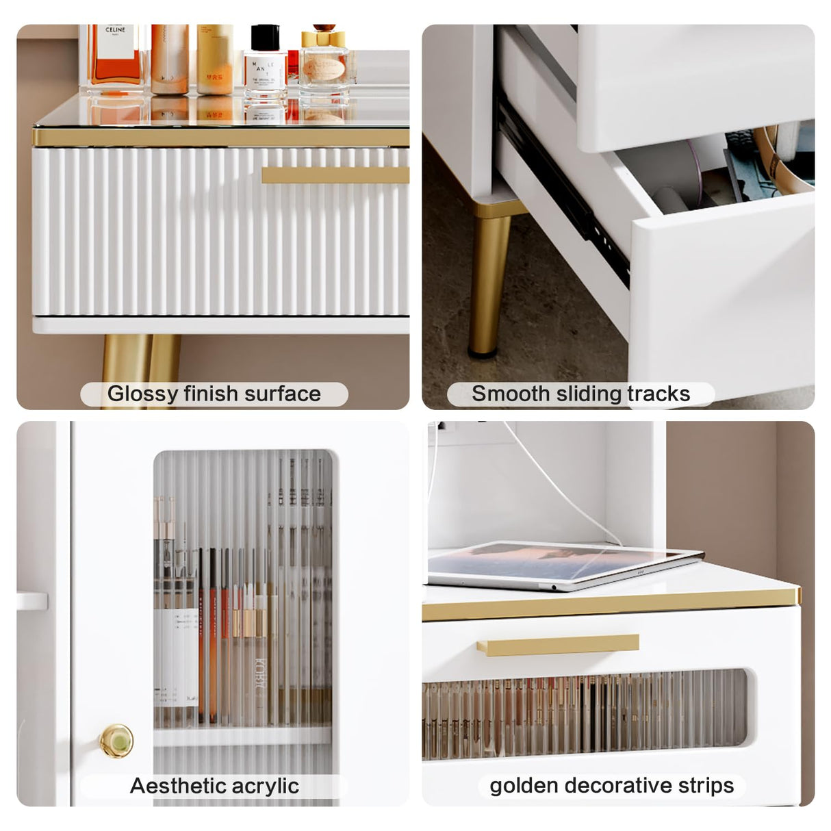 Arulvmrn Makeup Vanity Desk with Mirror and Lights, 48" Big Modern Vanity Desk with 5 Drawers & Shelves, Dressing Table with Charging Station, Glass Top Vanity Table for Bedroom,White Arulvmrn