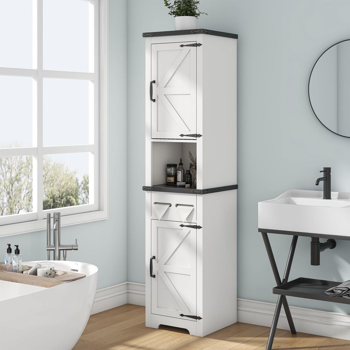 Kepptory Tall Farmhouse Storage Cabinet with Adjustable Shelves and Paper Holders for Bathroom, Living Room, and Kitchen kepptory