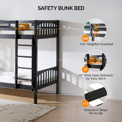 VINGLI Twin Bunk Bed with RGB LED Strip and Charging Station - High Wood Guardrail - Bunk Beds Stylish & Functional Design for Kids, Teen