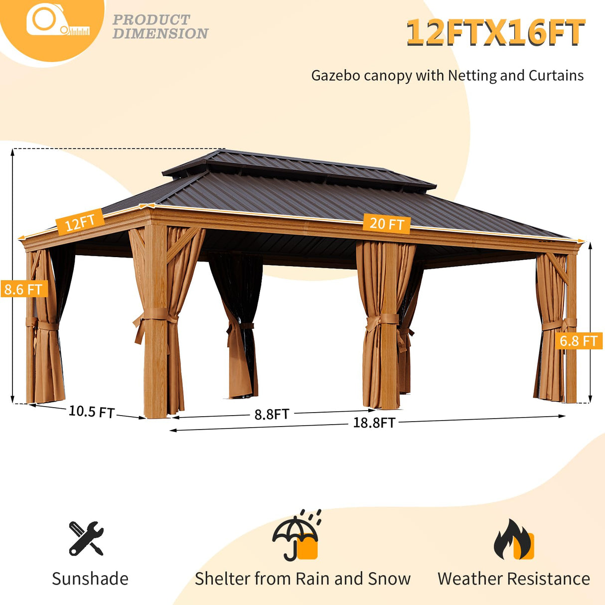 Jolydale 12' x 20' Gazebo, Wooden Finish Coated Aluminum Frame Canopy, Galvanized Steel Double Top, Outdoor Permanent Metal Pavilion with Privacy Curtains and Netting, for Patio, Deck and Backyard Jolydale
