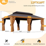 Jolydale 12' x 20' Gazebo, Wooden Finish Coated Aluminum Frame Canopy, Galvanized Steel Double Top, Outdoor Permanent Metal Pavilion with Privacy Curtains and Netting, for Patio, Deck and Backyard Jolydale