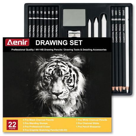 Charcoal Pencils for Drawing, Set of 22, Professional Drawing Sketch Pencils, Art Supplies for Sketching, Shading, Artist Charcoal Supplies for Beginners & Pro Artists. Aenir