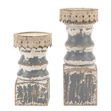 NIKKY HOME Farmhouse Pillar Candle Holder Set of 2 - Rustic Wood Decorative Candlesticks Pedestal, Centerpieces Decor for Fireplace Mantle Coffee Bar Dining Table, Distressed Grey NIKKY HOME