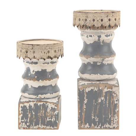 NIKKY HOME Farmhouse Pillar Candle Holder Set of 2 - Rustic Wood Decorative Candlesticks Pedestal, Centerpieces Decor for Fireplace Mantle Coffee Bar Dining Table, Distressed Grey NIKKY HOME