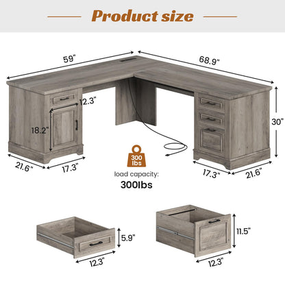 SEDETA 69" L Shaped Desk with Drawers and Storage, Farmhouse Computer Desk with File Drawers and Power Outlet, Corner Executive Desk with Storage Cabinet for Home Office, Grey - WoodArtSupply