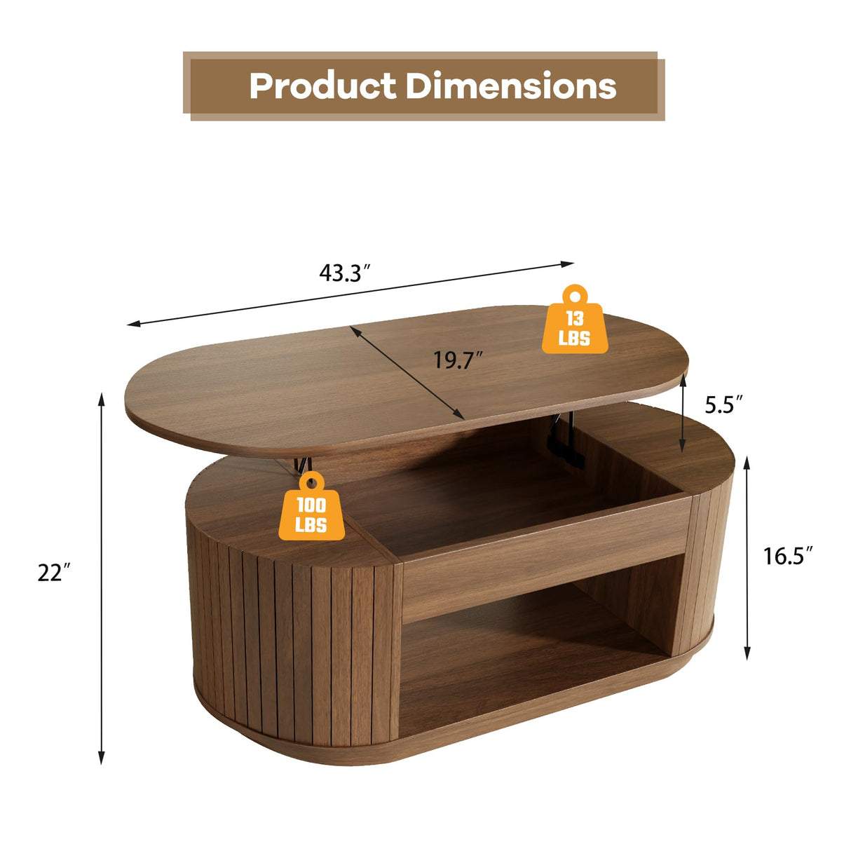Lift Top Coffee Table, Oval Fluted Coffee Table with Storage for Living Room, Mid Century Modern Wooden Center Tables with 2 Tier Shelf, 43 Inch Tea Table Hidden Compartment for Home Office, Walnut Epecoya