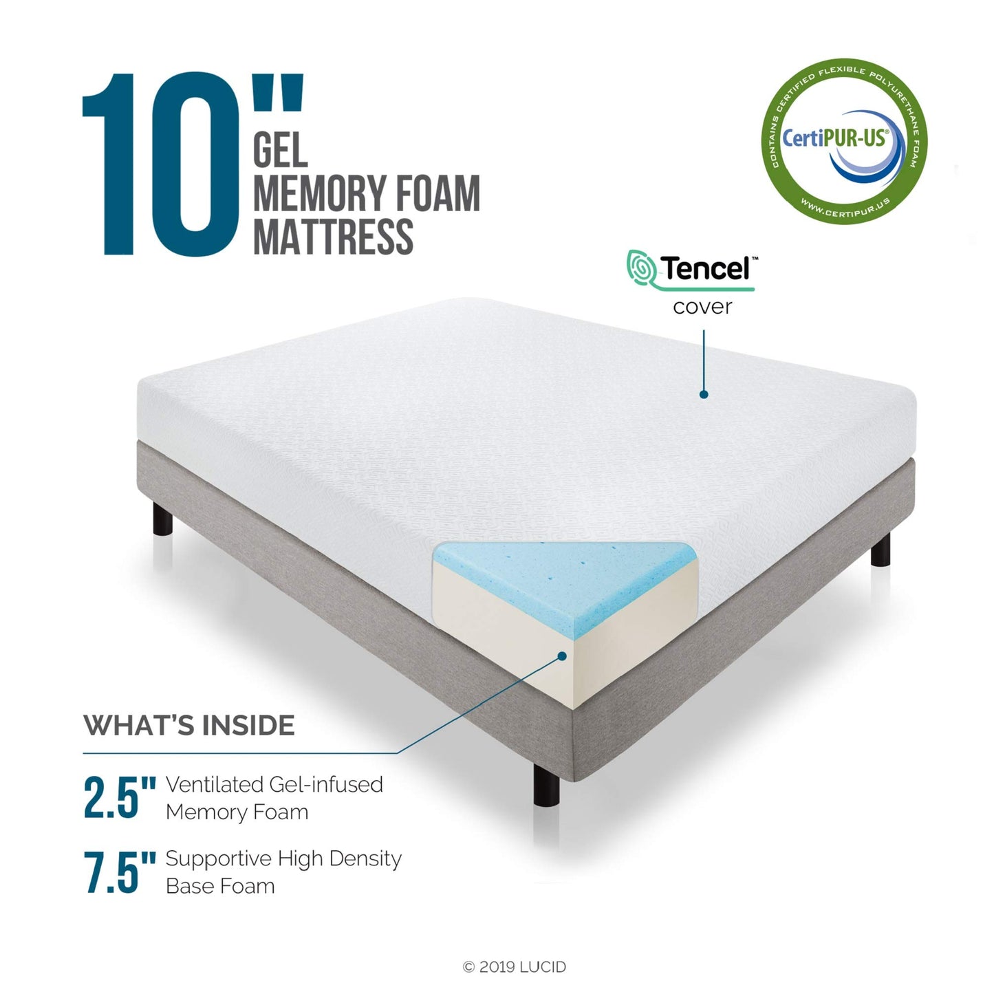 LUCID 10 Inch 2019 Gel Memory Foam Mattress - Medium Firm Feel - CertiPUR-US Certified, Queen