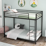 KOMFOTT Metal Low Bunk Bed Twin Over Twin, Heavy Duty Bunk Bed Frame with Ladder & Full-Length Guardrails, Metal Slatted Floor Bed Frame for Teens & Adults, No Box Spring Needed (Black) KOMFOTT