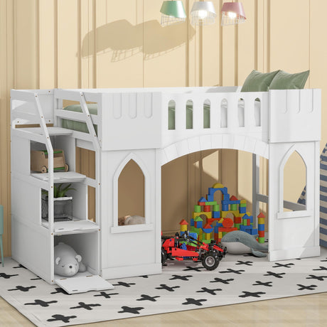 Harper & Bright Designs White Twin Low Loft Bed with Storage Staircase and Windows Harper & Bright Designs