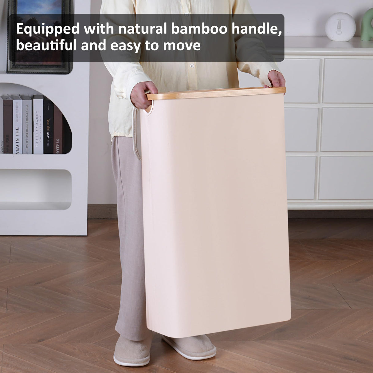 Merkisa Slim Laundry Basket,Tall laundry Hamper with Lid,60L Hamper for Laundry,Dirty Cloth Hamper with Bamboo Handle for Toys,Towels, Clothes Organizing,Beige Merkisa