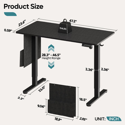 Bestier Height Adjustable Electric Standing Desk 47×24 Inch with 20mm/s Lifting Speed, 3 Height Memory Presets & USB Port, Gaming Desk with Headset Hooks & Storage Bag, 55dB, Carbon Fiber Bla - WoodArtSupply