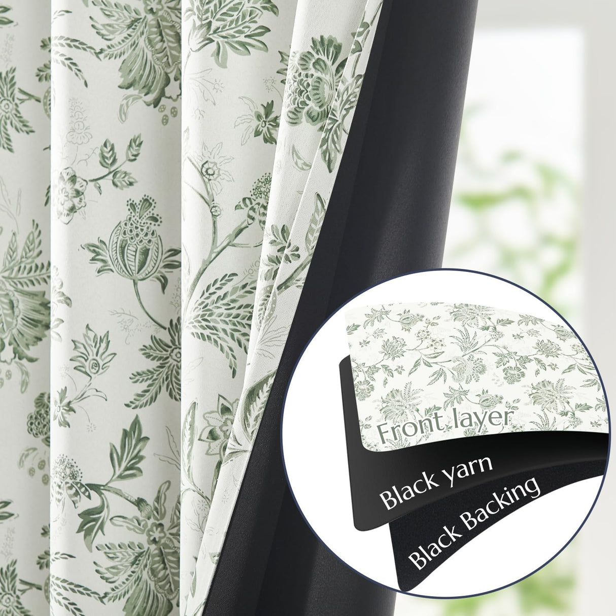 jinchan 100% Blackout Floral Curtains for Bedroom, 108 Inches Long Printed Flower Black Out Curtains, Extra Long Back Tab Sage Green Window Treatment Farmhouse Drapes Set 2 Panels Green jinchan