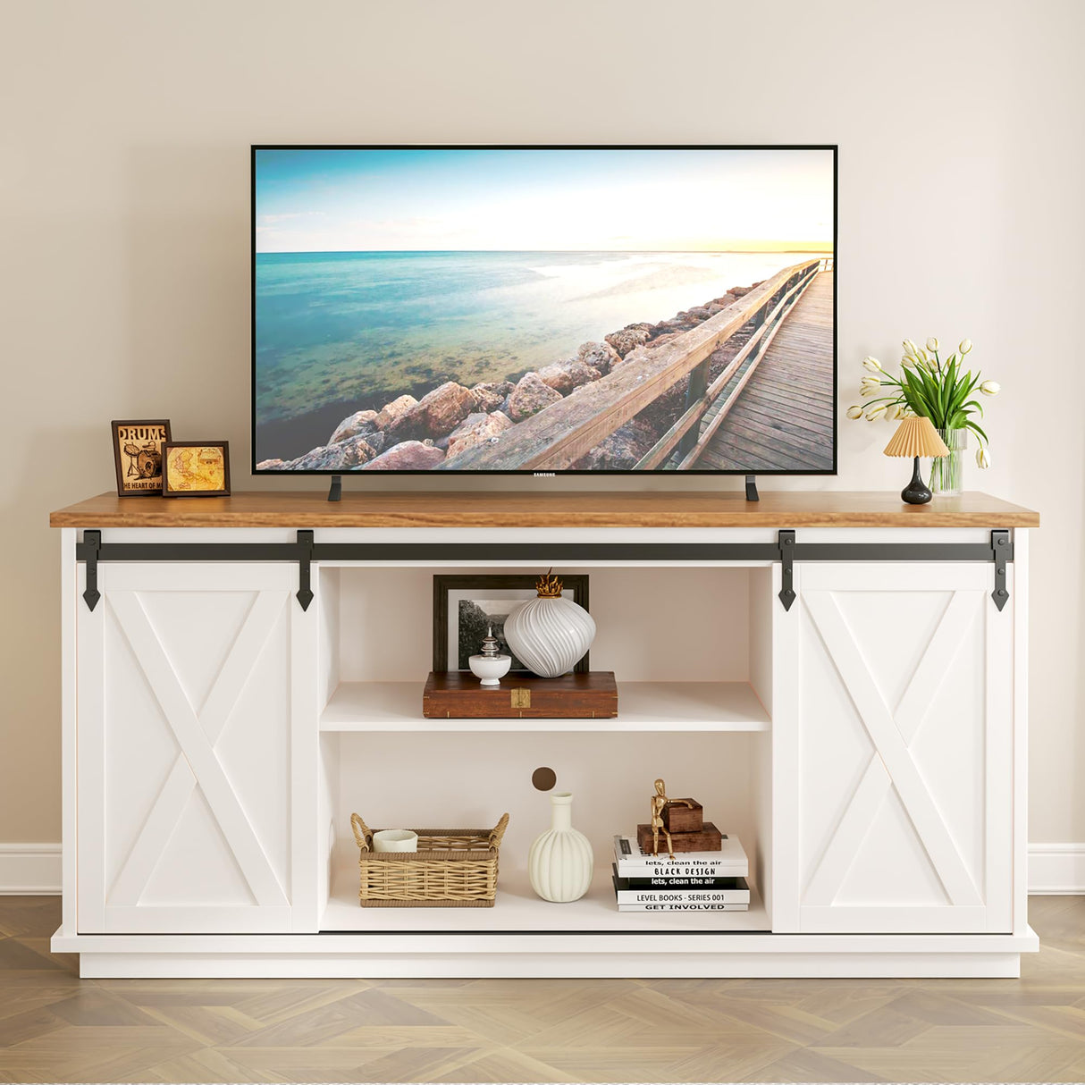 GRUSIGN TV Stand for Televisions up to 65’’, Entertainment Center with Storage Cabinets and Sliding Barn Doors, Media TV Consoles for Living Room, Bedroom, White GRUSIGN