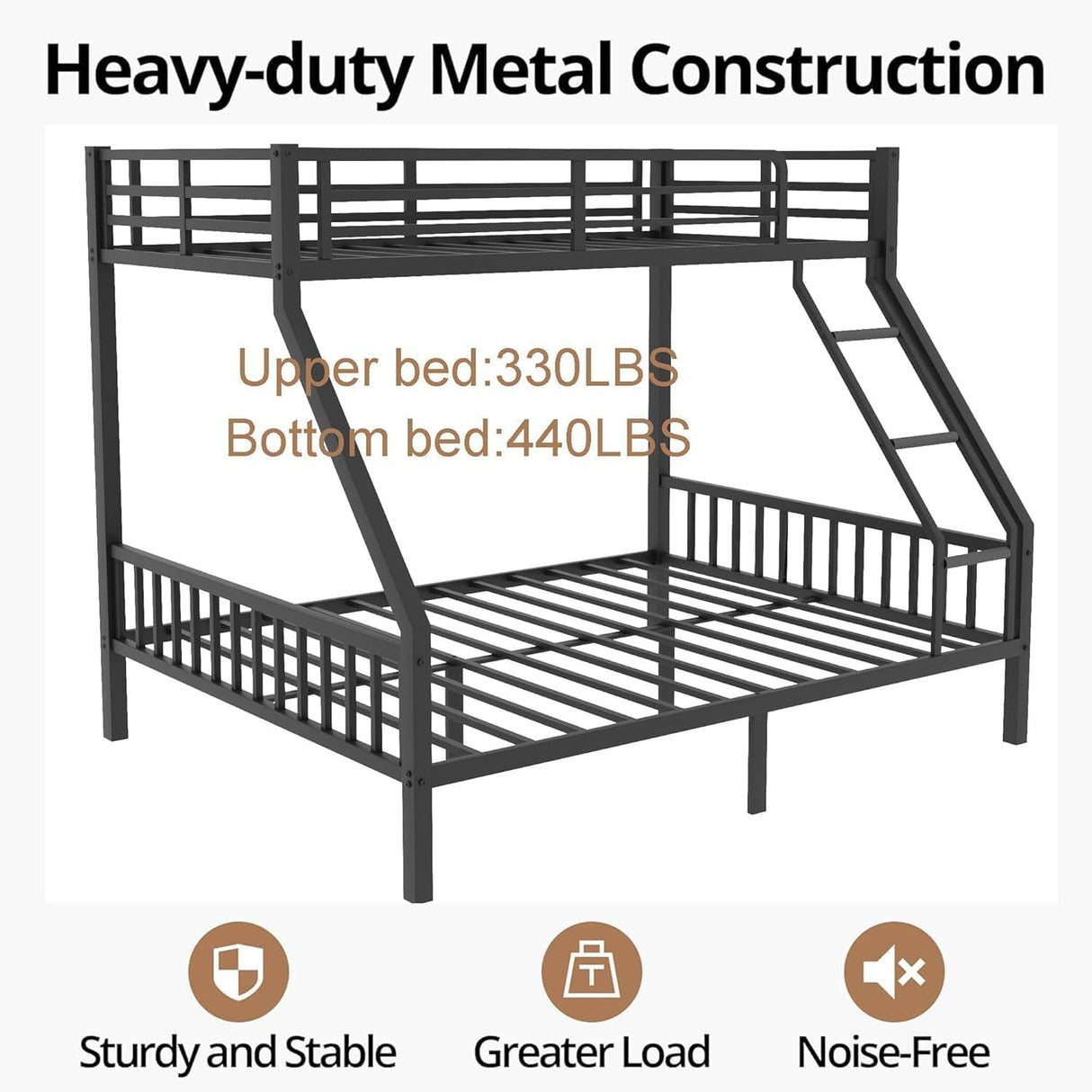 Twin XL Over Queen Bunk Beds for Adults and Teens, Heavy-Duty Metal Bunk Bed Frame with Ladder and Slats Support for Boys Girls,Space-Saving Design,Noise Reduced,Black MoproBeti