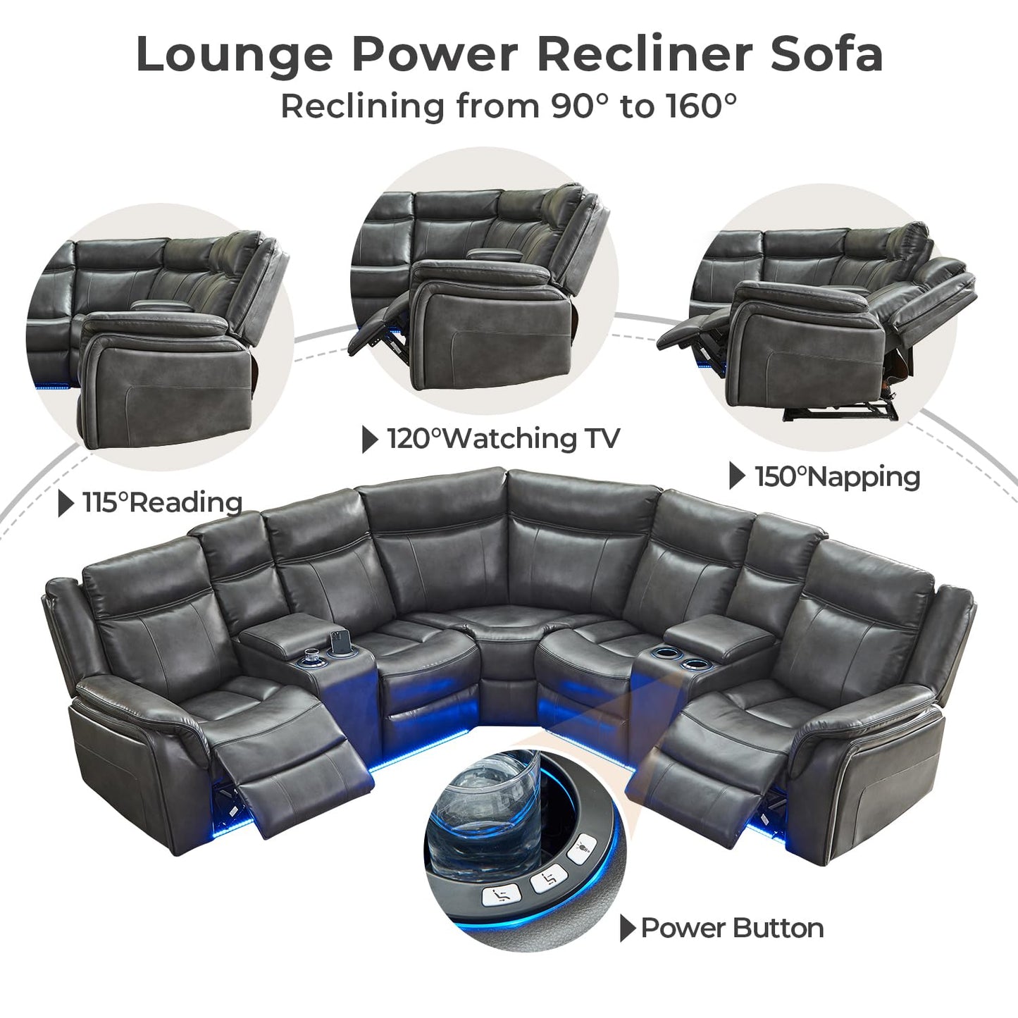 Power Recliner Sectional Sofa Couches with LED Light for Living Room, Faux Leather Reclining Corner Sectionals Couch Sets with 2 Home Theater Recliner Seat, USB, Cup Holder, Storage Console, Grey