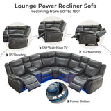 Power Recliner Sectional Sofa Couches with LED Lights for Living Room, Faux Leather Wall Hugger Reclining Corner Couch Sets with 2 Home Theater Seat, USB Charger, Cup Holder, Storage Console, Grey Comfort Stretch
