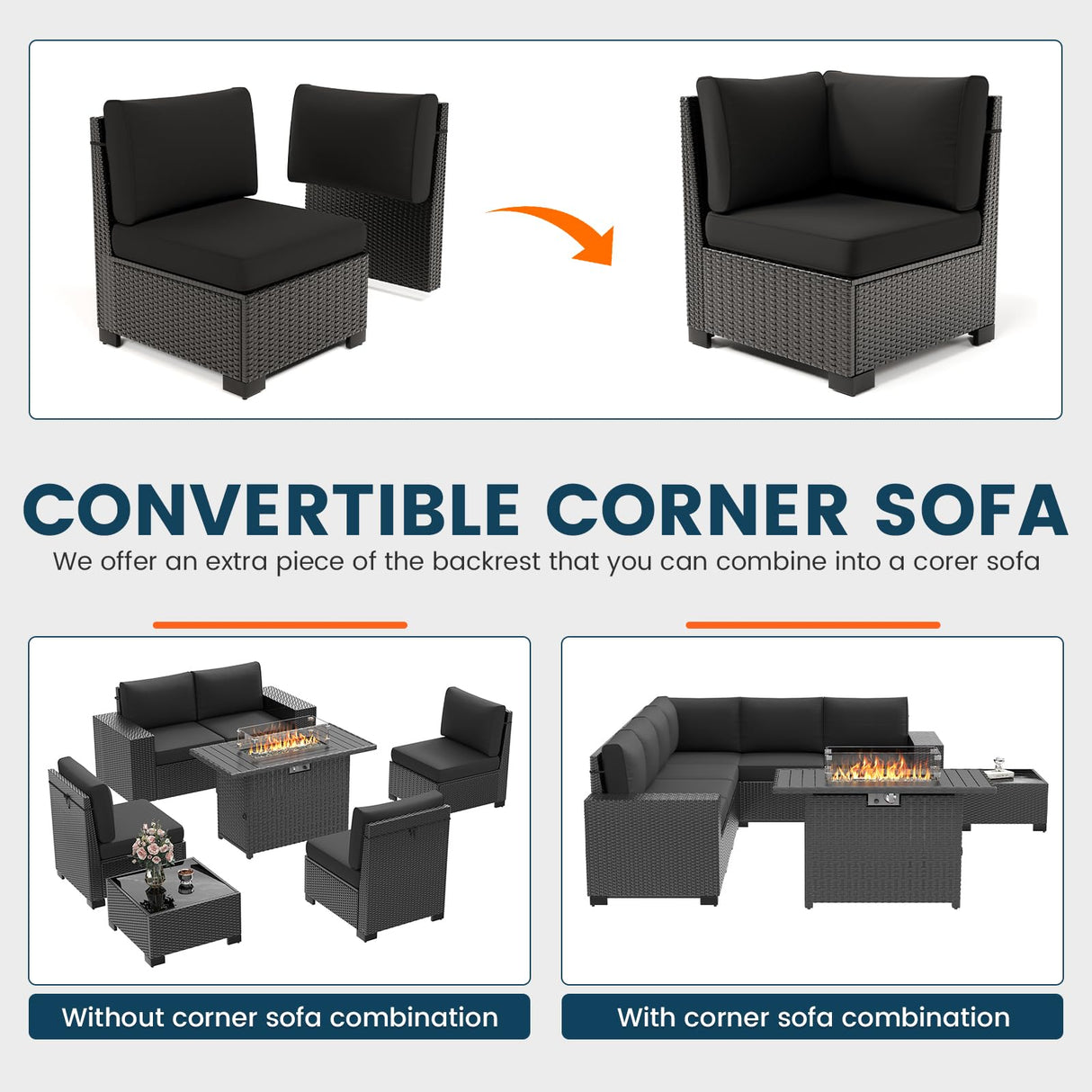 VONZOY 7 Piece Patio Furniture Set with Fire Pit Table, Outdoor Sectional Conversation Sets Black Wicker Rattan Sofa with Coffee Table for Patio Garden Backyard, 4'' Thickened Cushion Black VONZOY