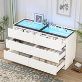 Alorksi 6 Drawer Dresser for Bedroom with Tempered Glass Top, Wide Modern Dresser Organizer with LED Lights, Chest of Drawers for Living Room, Entryway, White Alorksi