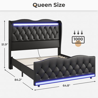 Elegant ADORNEVE Queen Size LED Bed Frame with Tall Wingback Headboard, Footboard, and Charging Station in Black PU Leather - WoodArtSupply